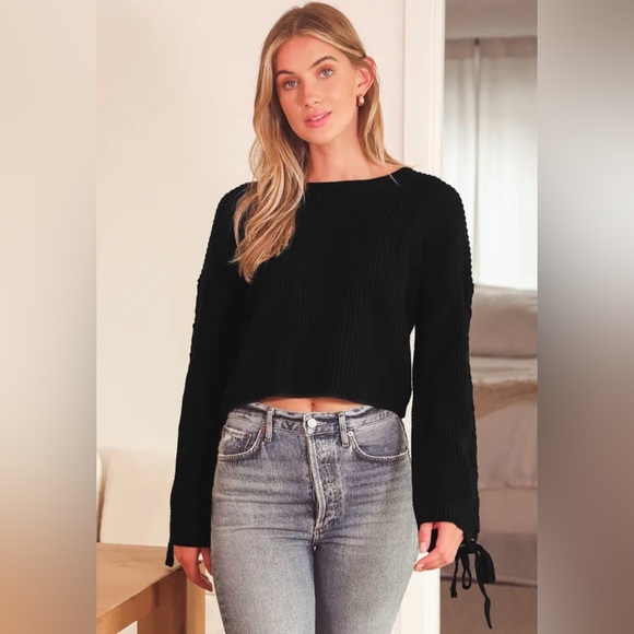 Lulus Cute And Cozy Black Ribbed Knit Lace-up Sleeve Sweater - Size S - Picture 4 of 8